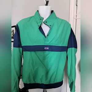 VTG CB Sports Evershield Pullover Jacket 3/4 snap front green navy Zip pouch M